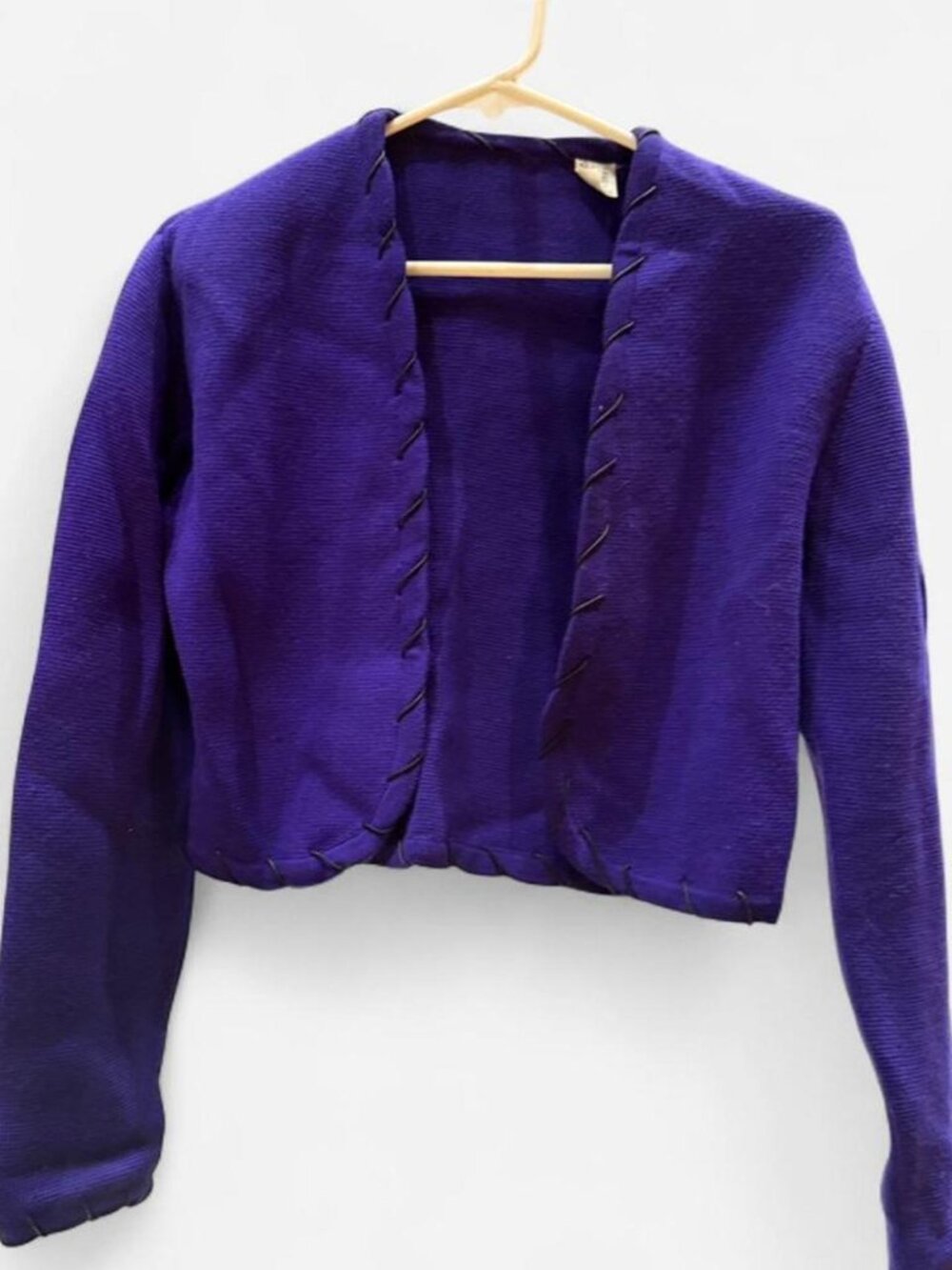 Purple Cropped Cardigan, Black Wire Detail, 100% Virgin Wool, XS
